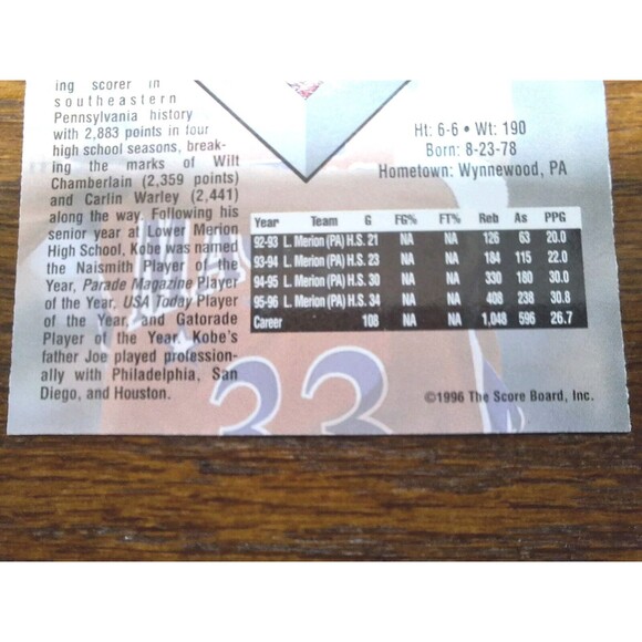 1996-97 Score Board Basketball Rookies #15 Kobe Bryant Lower Merion H.S. Mint - Picture 8 of 10